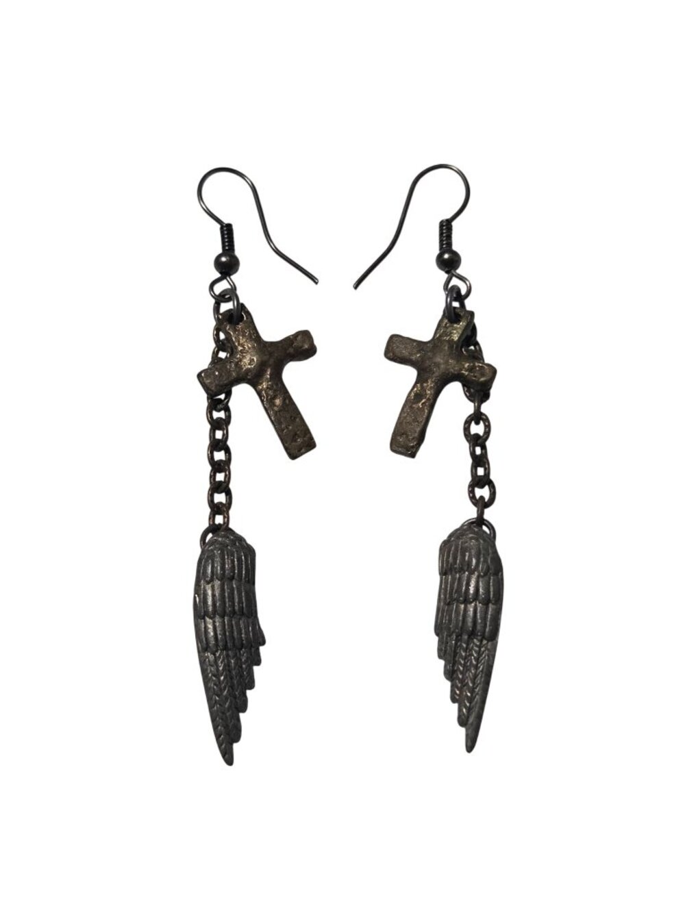 Vintage Cross Angel Wing Earrings Dangle Chain Link Design Rustic Bronze Tone